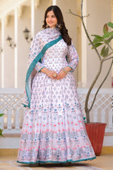 Hand work pure soft dola silk designer Gown Dress with digital print.